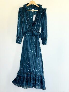 MISA Los Angeles Gabriella Teal Metallic Ruffle Maxi Wrap Dress XS NWT